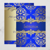 Invitation Annonce de fête Royale Bleu Or Damassé Bleu (Devant / Derrière)