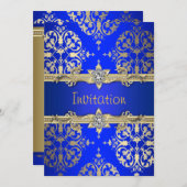 Invitation Annonce de fête Royale Bleu Or Damassé Bleu Célest (Devant / Derrière)