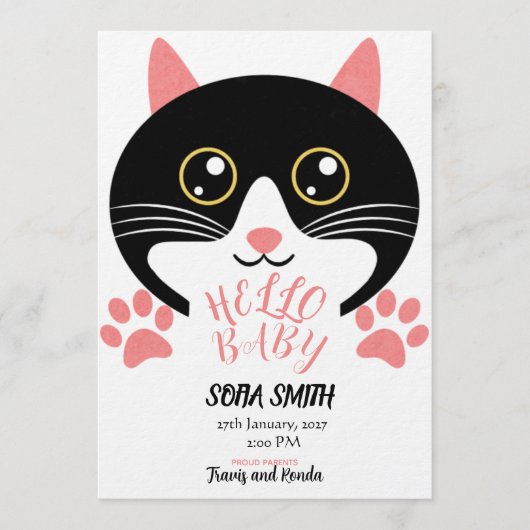 Invitation Annonce de l'arrivée de bébé chaton mignon (Devant)