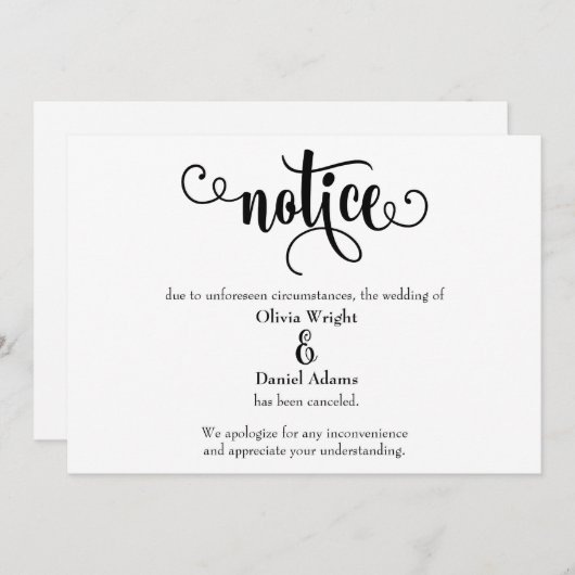 Invitation Annonce de mariage annulée Typographie de notice (Devant / Derrière)