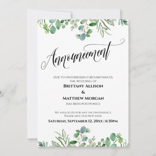 Invitation Annonce de mariage reporté Elegant Eucalyptus (Devant)