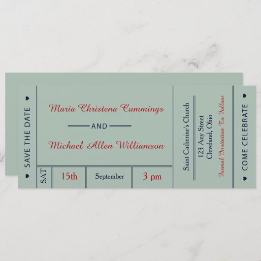 Invitation Annonce de mariage rétro avec billet Enregistrez l (Devant / Derrière)