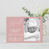 Invitation Annonce de naissance bébé fleuri rose intemporel v (Debout devant)