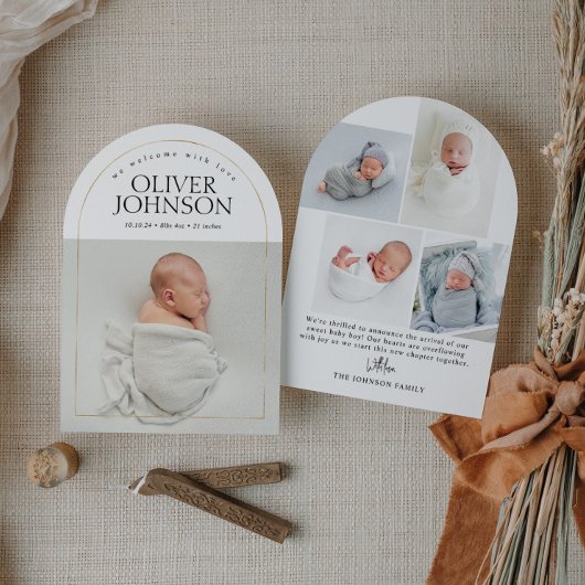 Invitation Annonce de naissance de bébé avec arche dorée simp