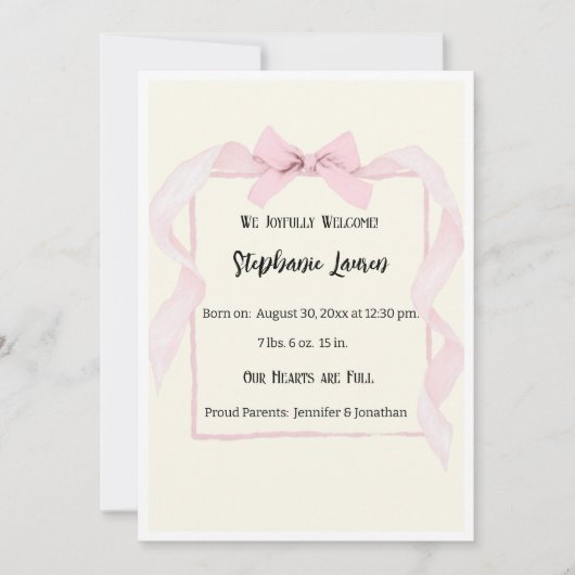 Invitation Annonce de naissance de bébé avec ruban rose (Devant)