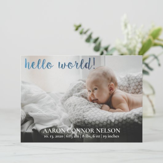 Invitation Annonce de naissance de bébé garçon Hello World! (Debout devant)