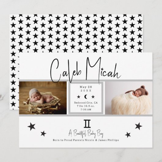 Invitation Annonce de naissance de bébé photo étoiles Gémeaux (Devant / Derrière)