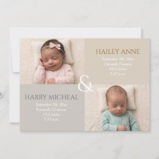 Invitation Annonce de naissance de jumeaux neutre