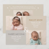 Invitation Annonce de naissance de jumeaux neutre (Devant / Derrière)