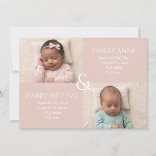 Invitation Annonce de naissance de jumeaux rose pâle