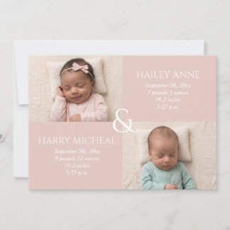 Invitation Annonce de naissance de jumeaux rose pâle