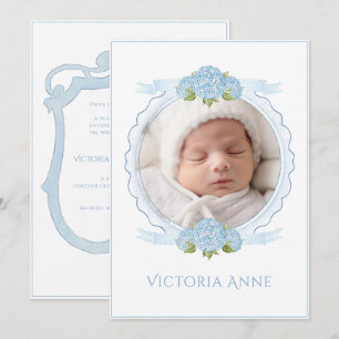 Invitation Annonce de naissance vintage aux hortensias bleus