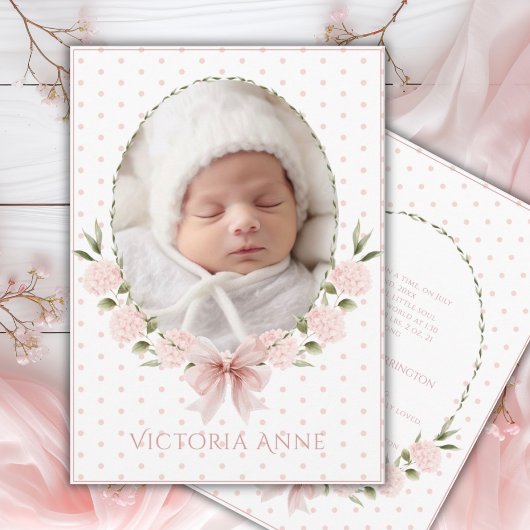 Invitation Annonce de naissance vintage avec hydrangeas roses