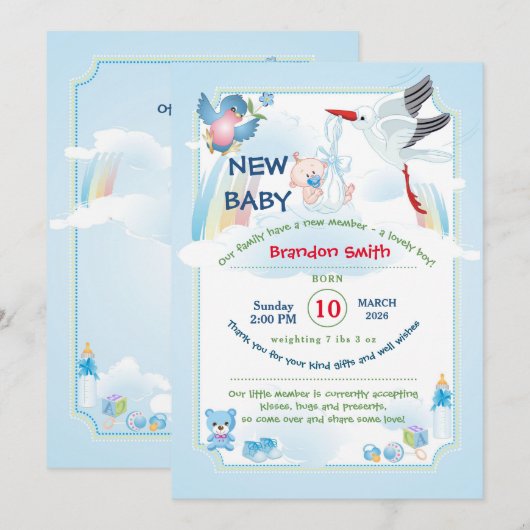 Invitation annonce de nouveau bébé, c'est un garçon (Devant / Derrière)