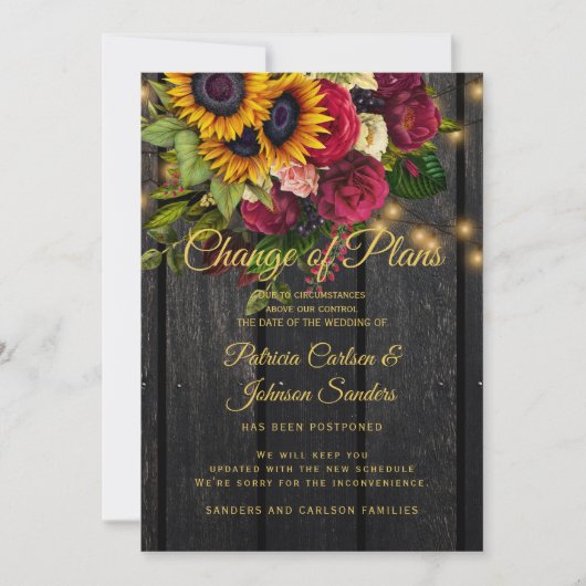 Invitation Annonce de nouvelle date de mariage tournesol et r (Devant)