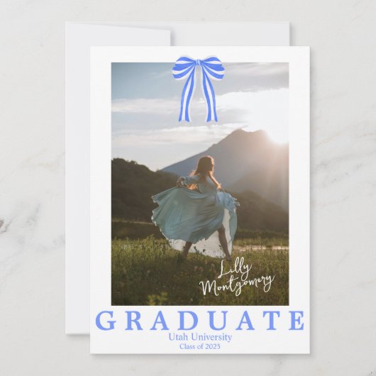 Invitation Annonce de remise de diplôme avec photo et nœud bl (Devant)