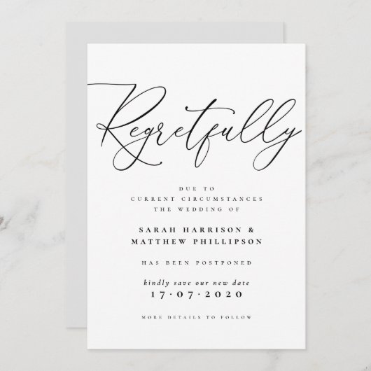 Invitation Annonce de report de mariage avec regret (Devant / Derrière)
