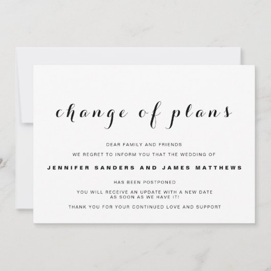 Invitation Annonce de report de mariage "Changement de plans" (Devant)