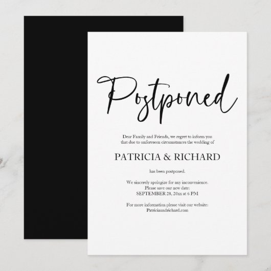 Invitation Annonce de report de mariage simple et chic (Devant / Derrière)