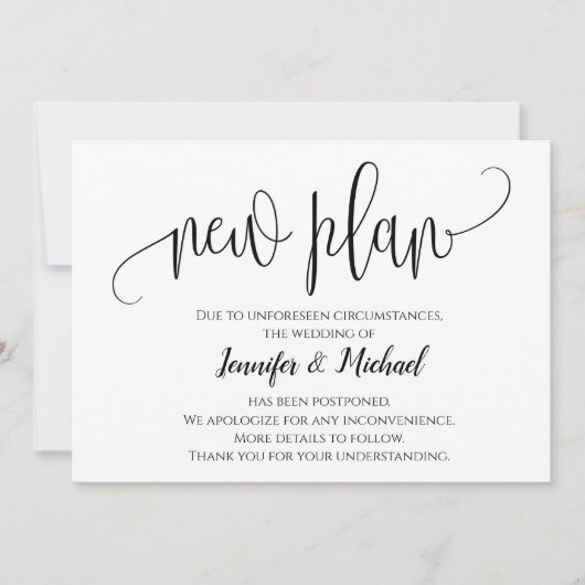 Invitation Annonce de report de plan moderne chic écriture (Devant)