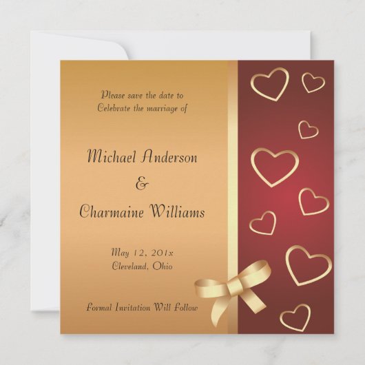 Invitation Annonce de sauvegarde de date de cœurs dorés (Dos)