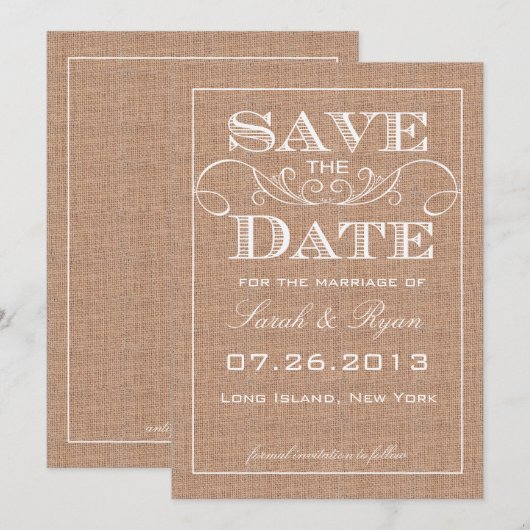 Invitation Annonce de sauvegarde de toile de jute rustique (Devant / Derrière)