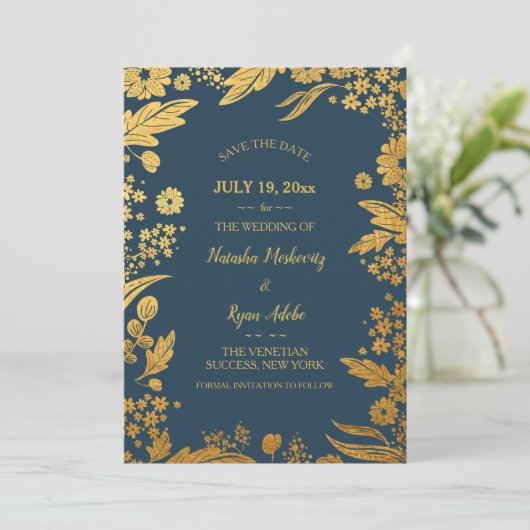 Invitation Annonce florale dorée (Debout devant)