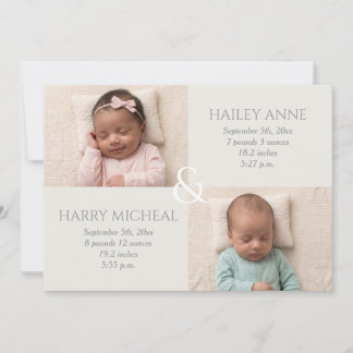Invitation Annonce gris ivoire pour naissance gémellaire