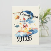 Invitation Annoncer une grossesse 2026 fusée espace (Debout devant)