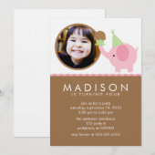 Invitation Annonces d'anniversaire d'éléphant rose et de (Devant / Derrière)
