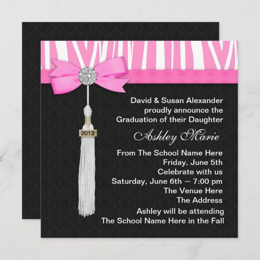 Invitation Annonces de Graduation de Hot Pink Zebra (Devant / Derrière)