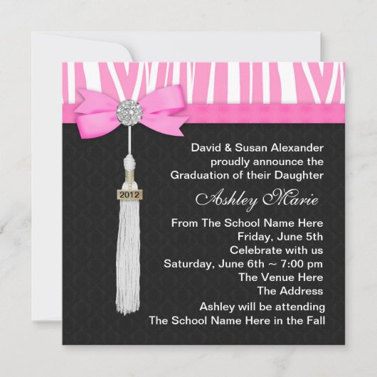 Invitation Annonces de Graduation de Hot Pink Zebra (Devant)