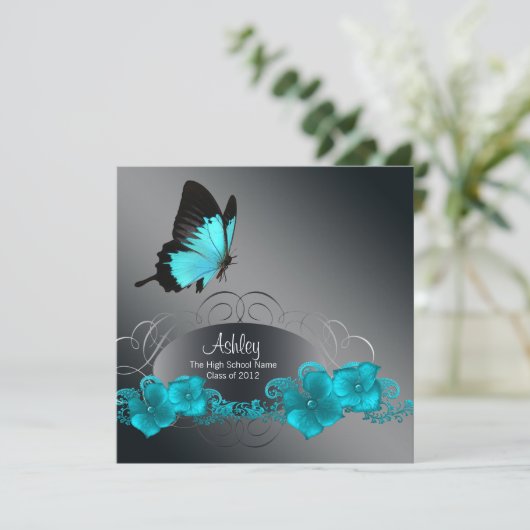 Invitation Annonces de graduation de papillon bleu turquoise (Debout devant)