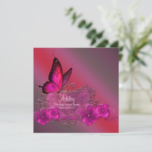 Invitation Annonces de graduation de papillon rose chaud (Debout devant)