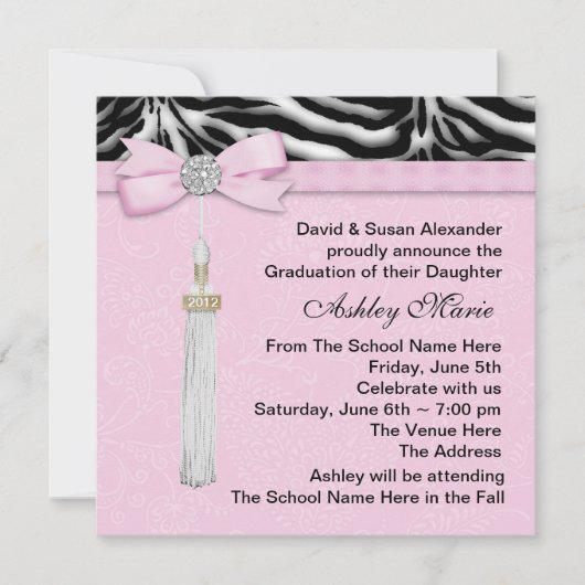 Invitation Annonces de Graduation de Pink Zebra (Devant)
