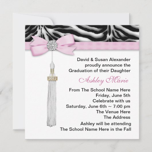 Invitation Annonces de graduation Girls Pink Zebra (Devant)