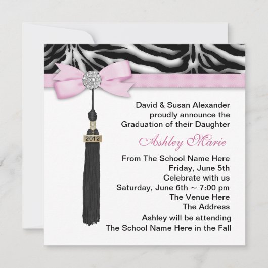 Invitation Annonces de graduation Girls Pink Zebra (Devant)