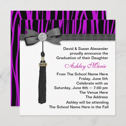 Invitation Annonces de Graduation Girls Purple Zebra (Devant / Derrière)