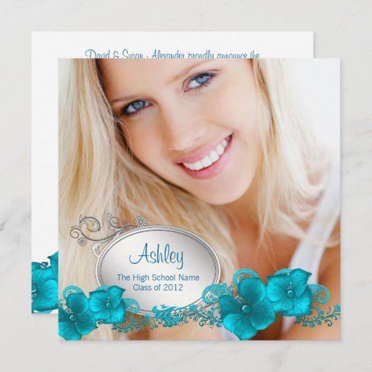 Invitation Annonces de Graduation Photo en bleu Turquoise (Devant / Derrière)