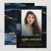 Invitation Annonces de graduation photo en marbre bleu or (Devant / Derrière)