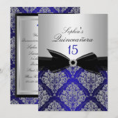 Invitation Annonces de Quinceanera Blue & Silver Damask (Devant / Derrière)