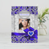Invitation Annonces de Quinceanera Blue & Silver Damask (Debout devant)