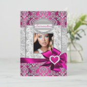 Invitation Annonces de Quinceanera Pink & Silver Damask (Debout devant)