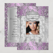 Invitation Annonces de Quinceanera pourpre & argent damassé (Devant / Derrière)