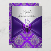 Invitation Annonces de Quinceanera pourpre Damask & Bow (Devant / Derrière)
