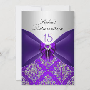 Invitation Annonces de Quinceanera pourpre Damask & Bow