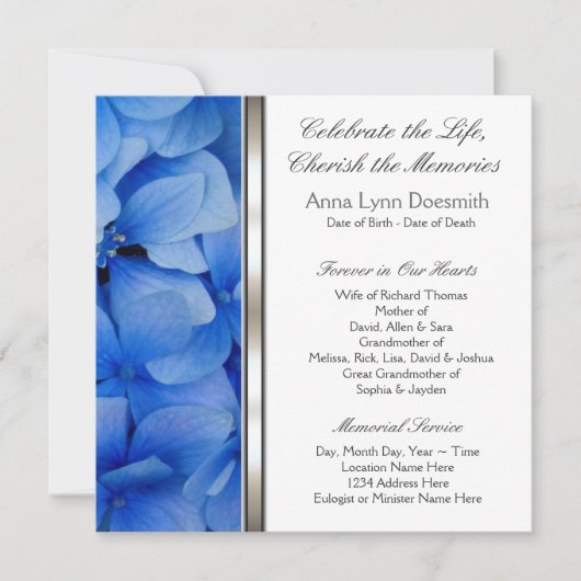 Invitation Annonces funéraires Blue Hydrangea (Devant)