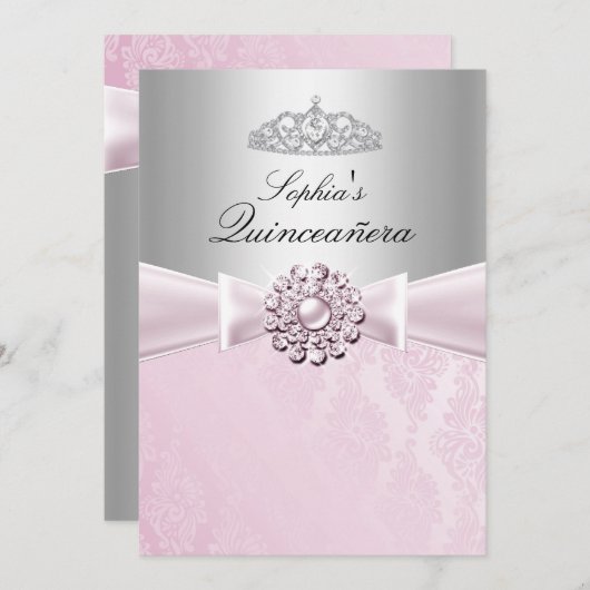 Invitation Annonces Pink Bow & Tiara Quinceanera (Devant / Derrière)