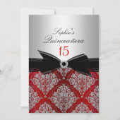Invitation Annonces Red Damask Bow Quinceanera (Devant)