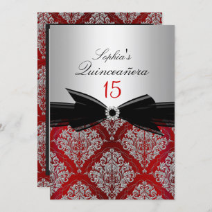 Invitation Annonces Red Damask Bow Quinceanera